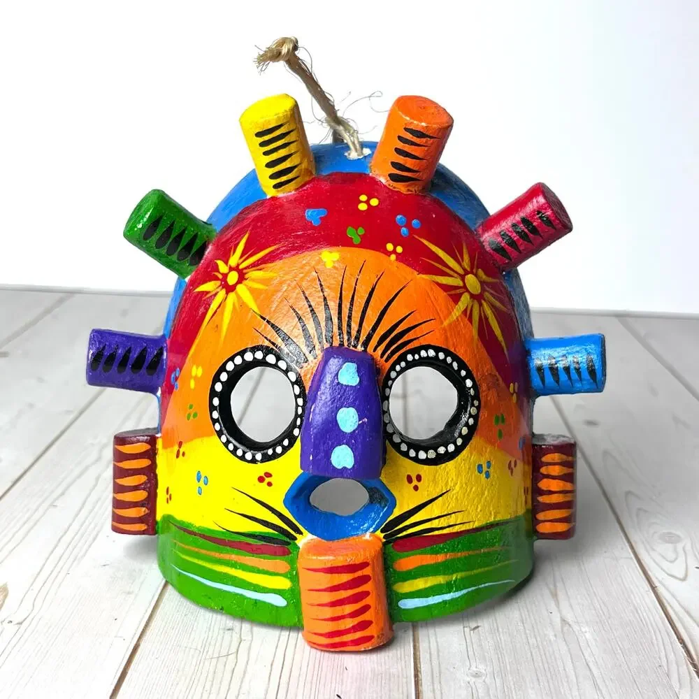 Aya Huma Mask Artisan Crafted Carved Wood Ecuador Bright Colors Rainbow 4.5